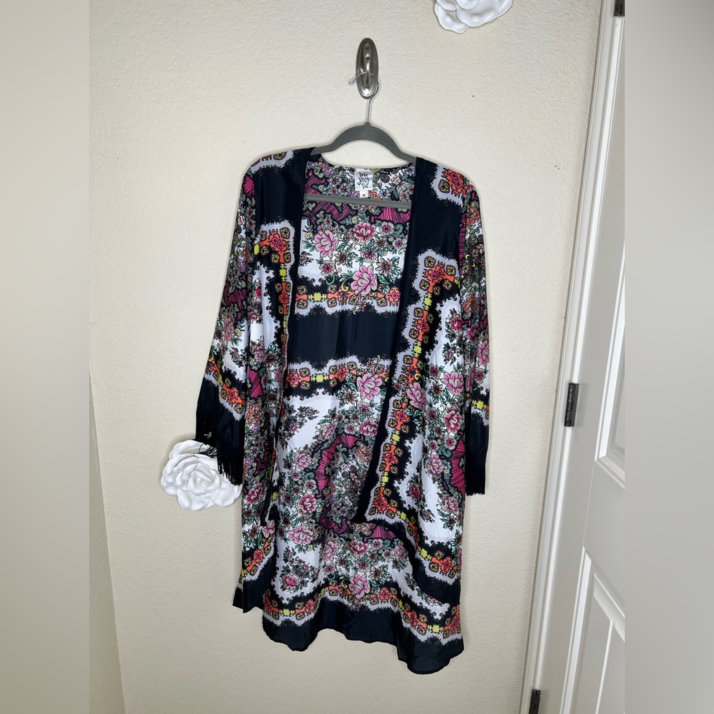 NTM Ivy Jane Boho Kimono Cardigan Floral Medallion Fringe Sleeve Open Front M